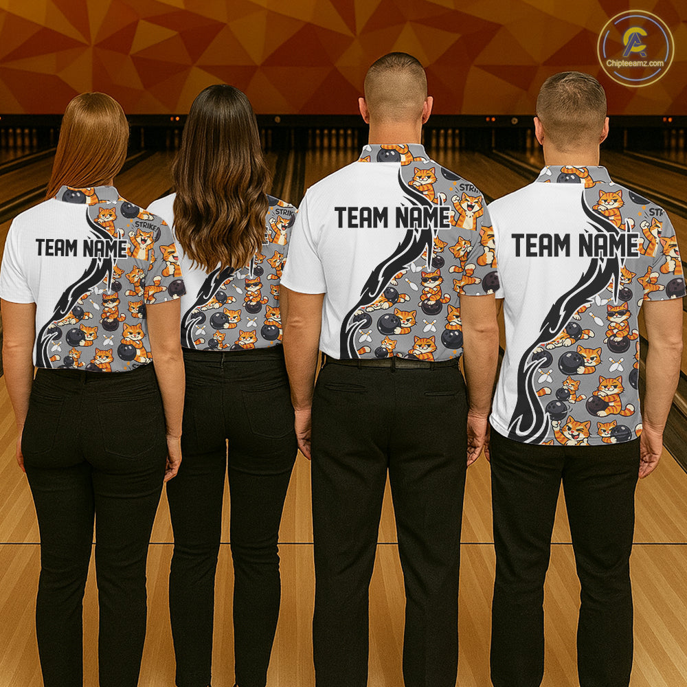 Custom Cute Funny Ginger Tabby Cat Bowling Men Polo Shirts, Cat Bowling Team Shirt IPHW10316