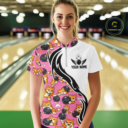 Custom Cute Funny Ginger Tabby Cat Bowling Women Quarter-Zip Shirts, Bowling Team Shirt IPHW10319