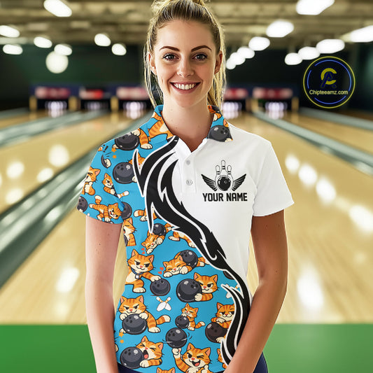 Custom Cute Funny Ginger Tabby Cat Bowling Women Polo Shirts, Cat Bowling Team Shirt IPHW10320