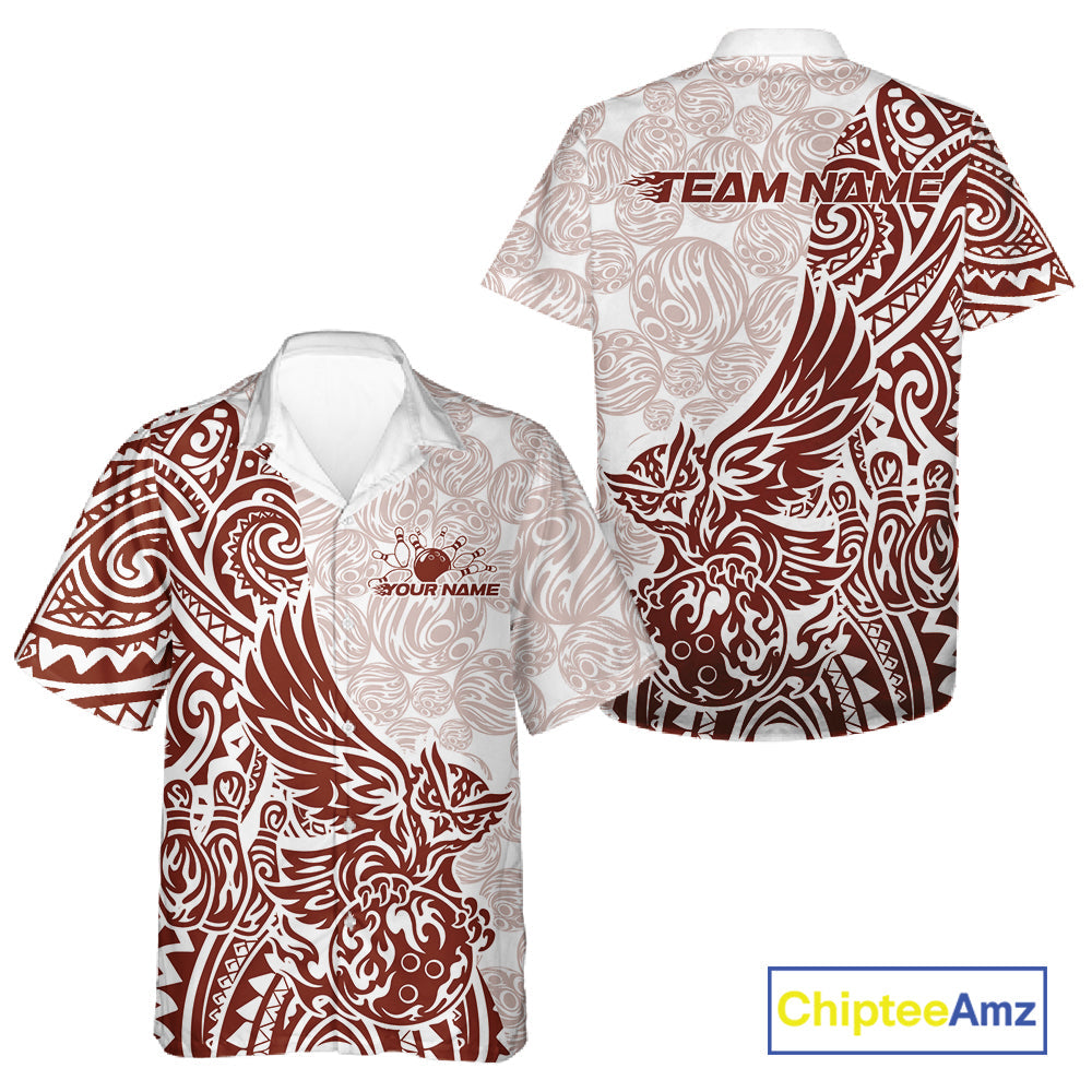 Custom Red Brown Tribal Tattoo Pattern Polynesian Owl Bowling Men And Women Hawaiian Shirts IPHW10335