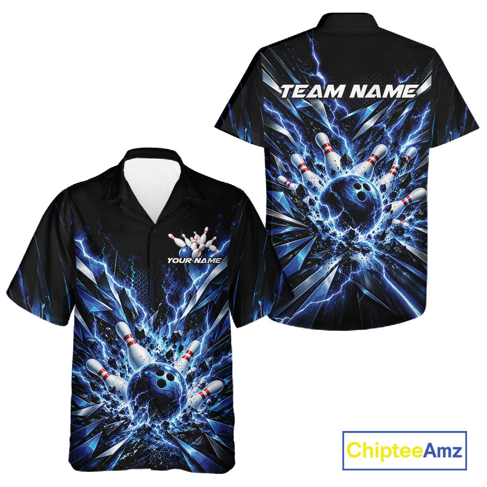 Custom Black And Blue Lightning Bowling Tournament Jersey, Bowling Team Men And Women Button Up Shirt IPHW12358