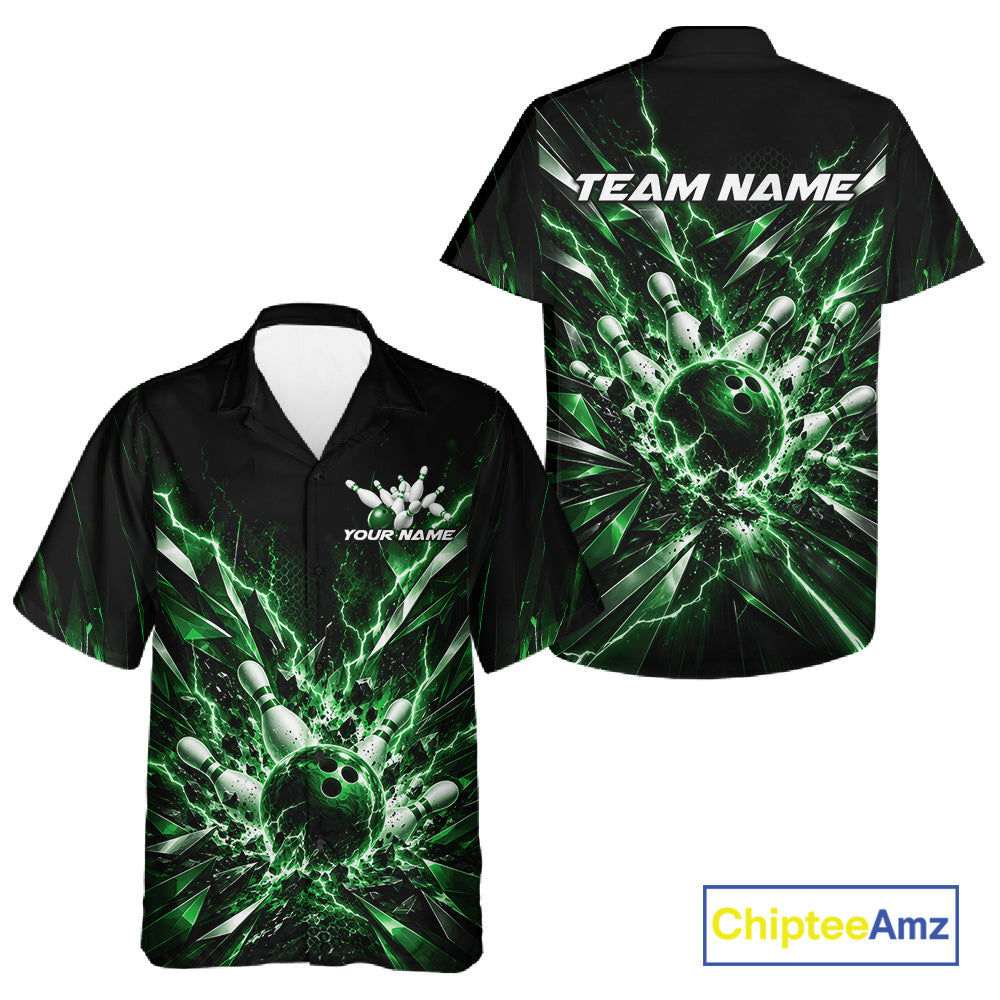 Custom Black And Green Lightning Bowling Tournament Jersey, Bowling Team Men And Women Button Up Shirt IPHW12360