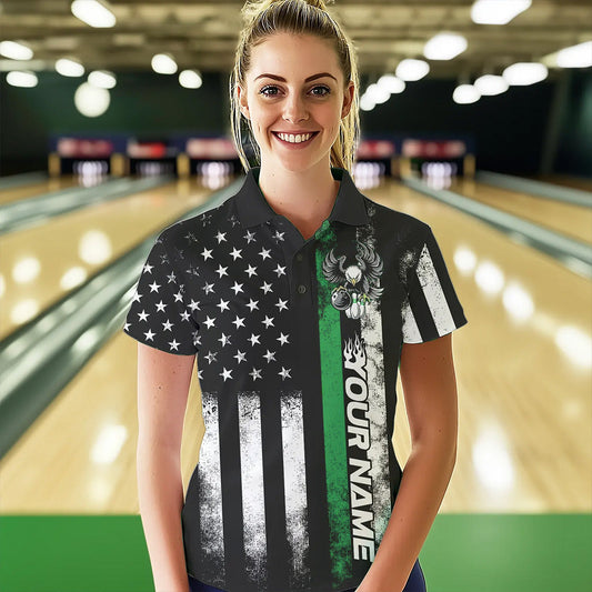 Custom Green Thin Line American Flag Eagle Bowling Women Polo Shirts, Patriotic US Bowling IPHW8737