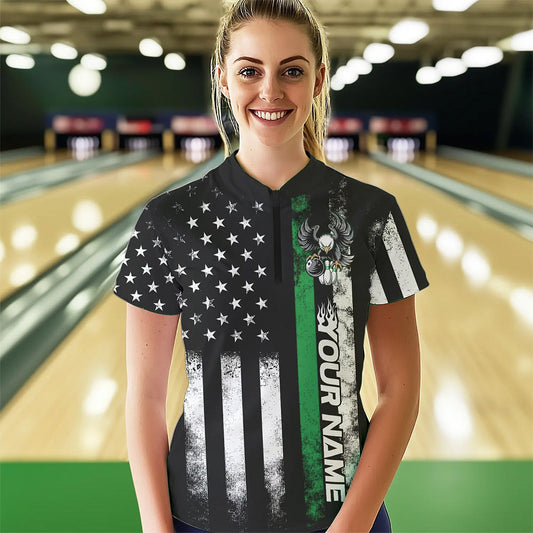 Custom Green Line American Flag Eagle Bowling Women Quarter-Zip Shirt, Patriotic Bowling IPHW8737