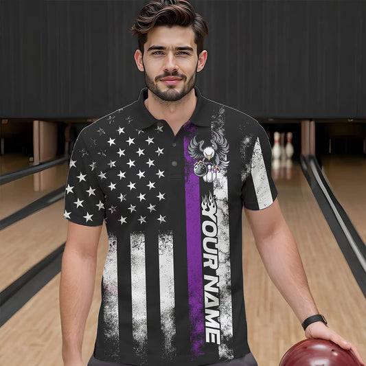 Custom Purple Thin Line American Flag Eagle Bowling Men Polo Shirts, Patriotic US Bowling Shirt IPHW8739