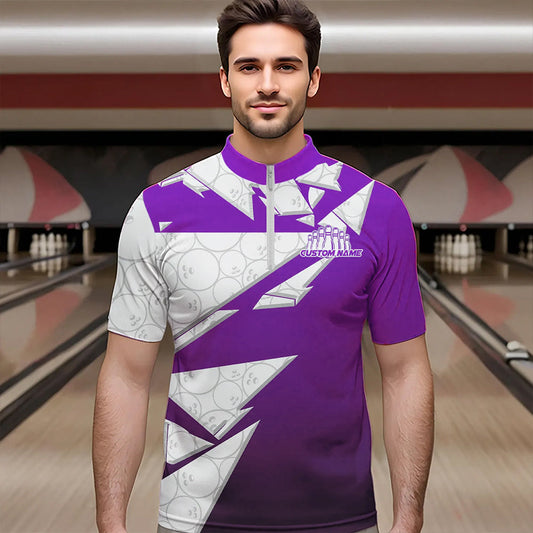 Custom White And Purple Bowling Team Men Quarter-Zip Shirts, Bowling Ball Pattern Bowlers Outfit IPHW8742