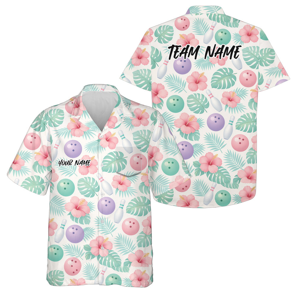 Custom Pastle Summer Tropical Leaves And Hibiscus Flower Hawaiian Bowling Team Shirts IPHW10831