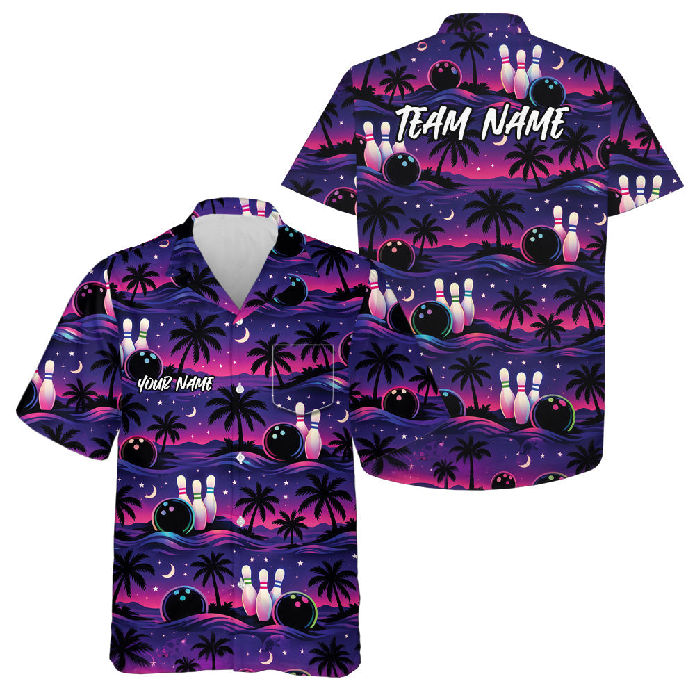 Custom Pink And Purple Tropical Palm Tree Hawaiian Bowling Shirts For Men And Women IPHW10832