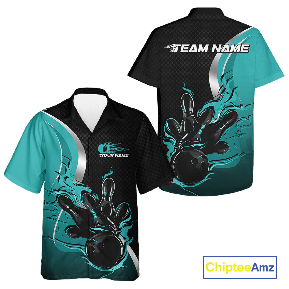 Custom Black And Turquoise Blue Flame Bowling Team Jersey, Bowling Button Up Shirt For Men And Women IPHW12008