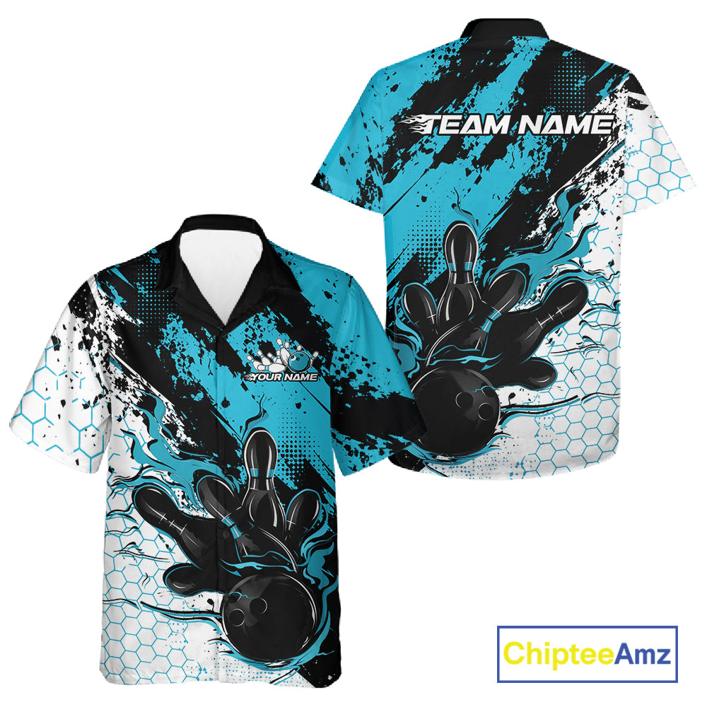 Custom Black, White And Turquoise Blue Flame Bowling Jersey, Bowling Team Men And Women Button Up Shirt IPHW12017