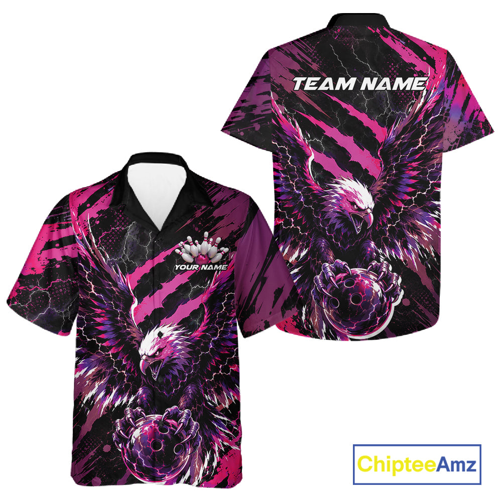 Custom Pink And Purple Claw Marks Eagle Bowling Men And Women Button Up Shirt, Eagle Bowling Jersey IPHW12044