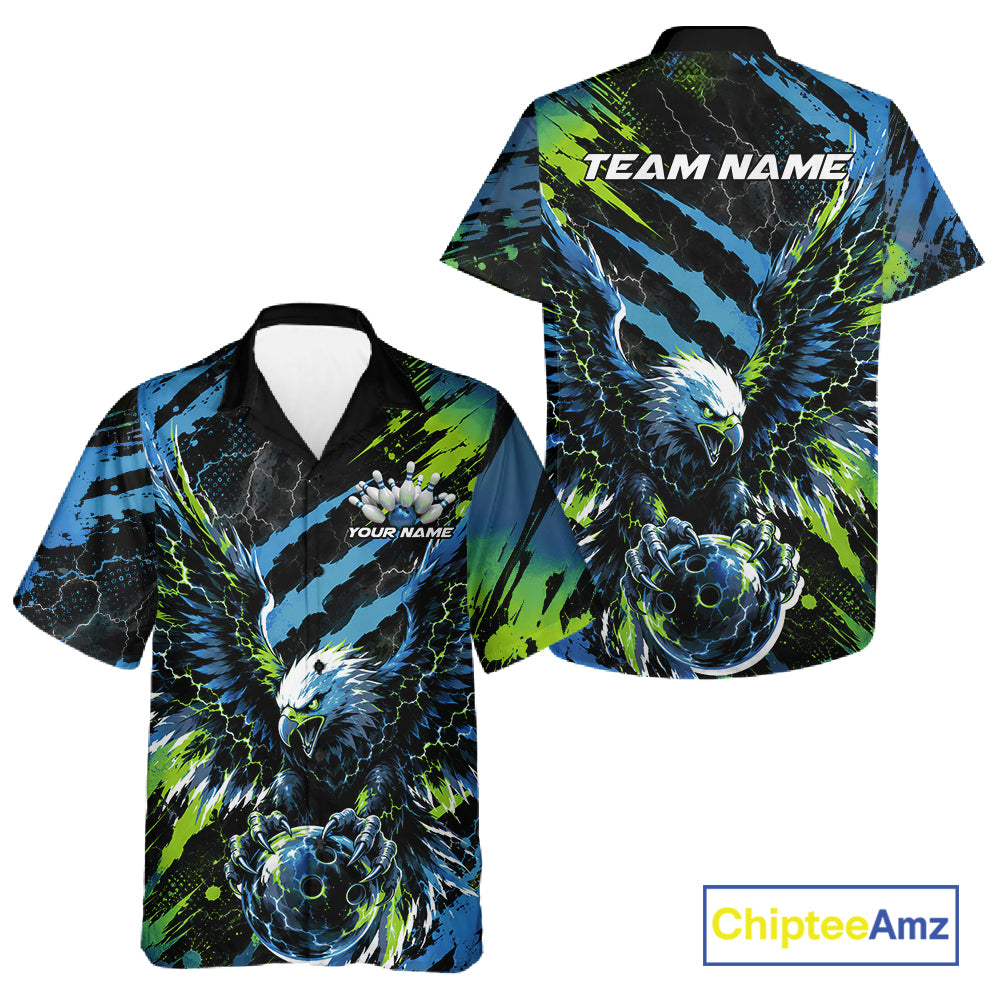 Custom Blue And Green Claw Marks Eagle Bowling Men And Women Button Up Shirt, Eagle Bowling Jersey IPHW12045