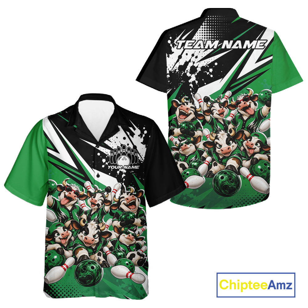 Custom Green Funny Cows Bowling Team Men And Women Button Up Shirt, Bowling League Shirt IPHW12821