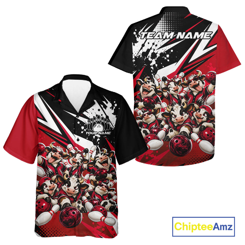 Custom Red Funny Cows Bowling Team Men And Women Button Up Shirt, Bowling League Shirt IPHW12822