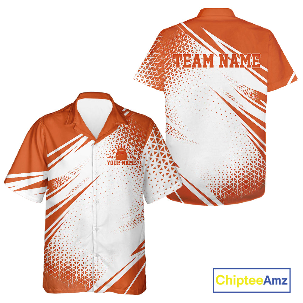 Custom White And Orange Geometric Classic Retro Bowling League Men And Women Button Up Shirt For Team IPHW12066