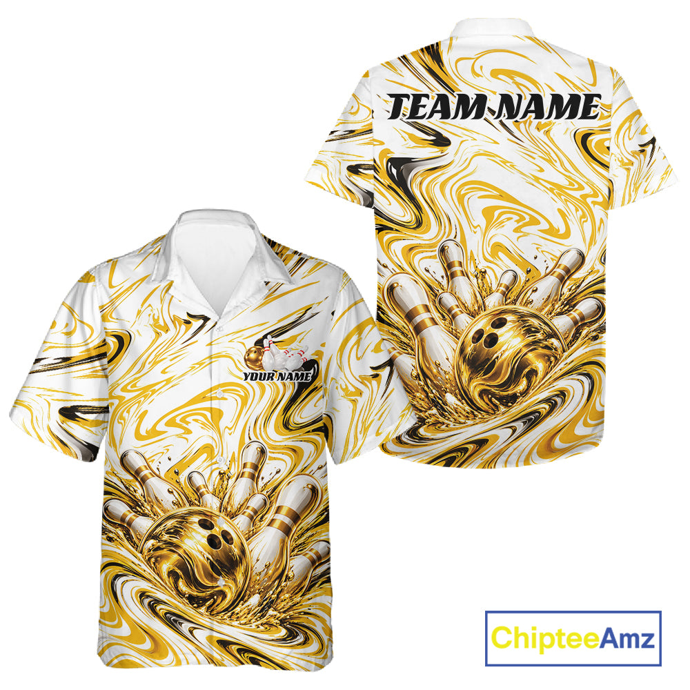 Custom White And Gold Marble Pattern Bowling Team Men And Women Button Up, Bowling League Shirt IPHW12824