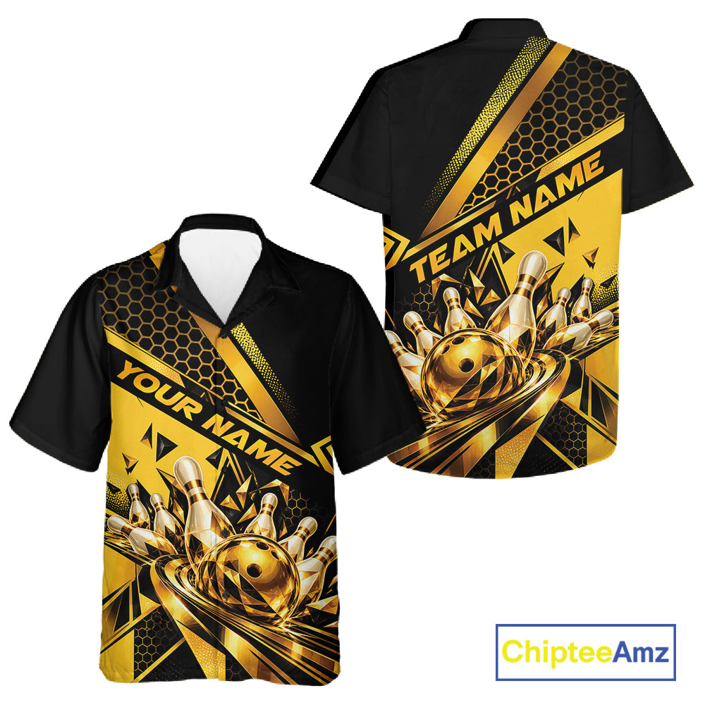 Custom Black And Gold Geometric Bowling Men And Women Button Up Shirt, Team Tournament Jersey IPHW12827