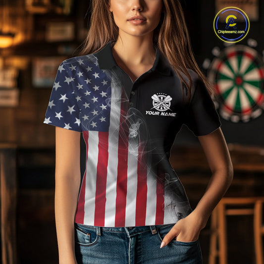 Custom Smoke Flame US Flag Patriotic Darts Shirt For Women, American Dart Team Jerseys IPHW10630