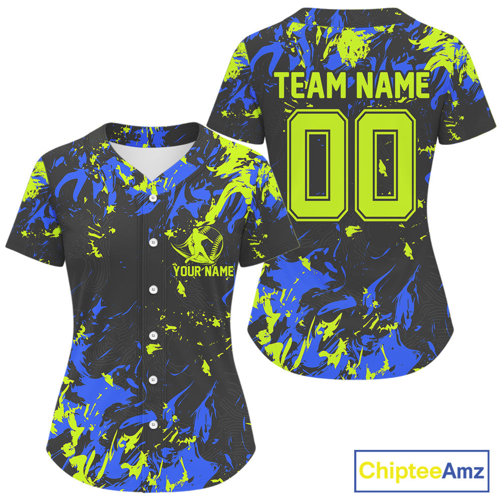 Custom Black, Green And Blue Camouflage Baseball Women Jerseys, Baseball Team Uniform IPHW9588