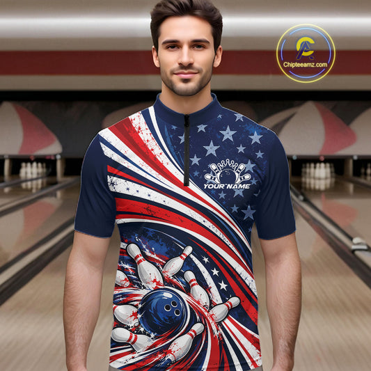 Custom Patriotic US Flag Bowling League Men Quarter Zip Shirt, American Flag Bowling Jerseys IPHW12384