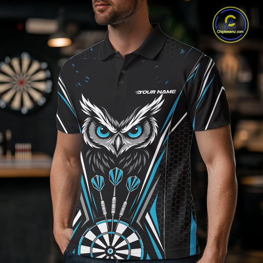 Custom Black And Blue Owl Darts Polo Shirts For Men, Darts Team Jerseys IPHW11723