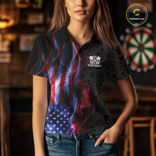 Custom Patriotic American Flag Smoke Flame Dart Jersey, Dart Team Women Polo Shirt IPHW12109