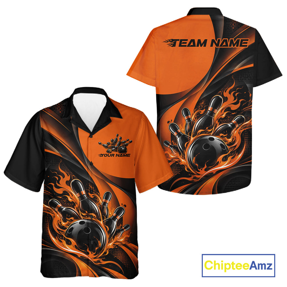 Black And Orange Custom Flame Bowling Men And Women Button Up Shirt, Bowling Team Tournament Jersey IPHW12856