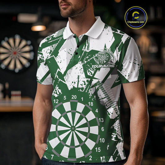 Custom Grunge Splatter Green And White Dartboard Dart Team Men Polo Shirts, Dart Jerseys IPHW9972