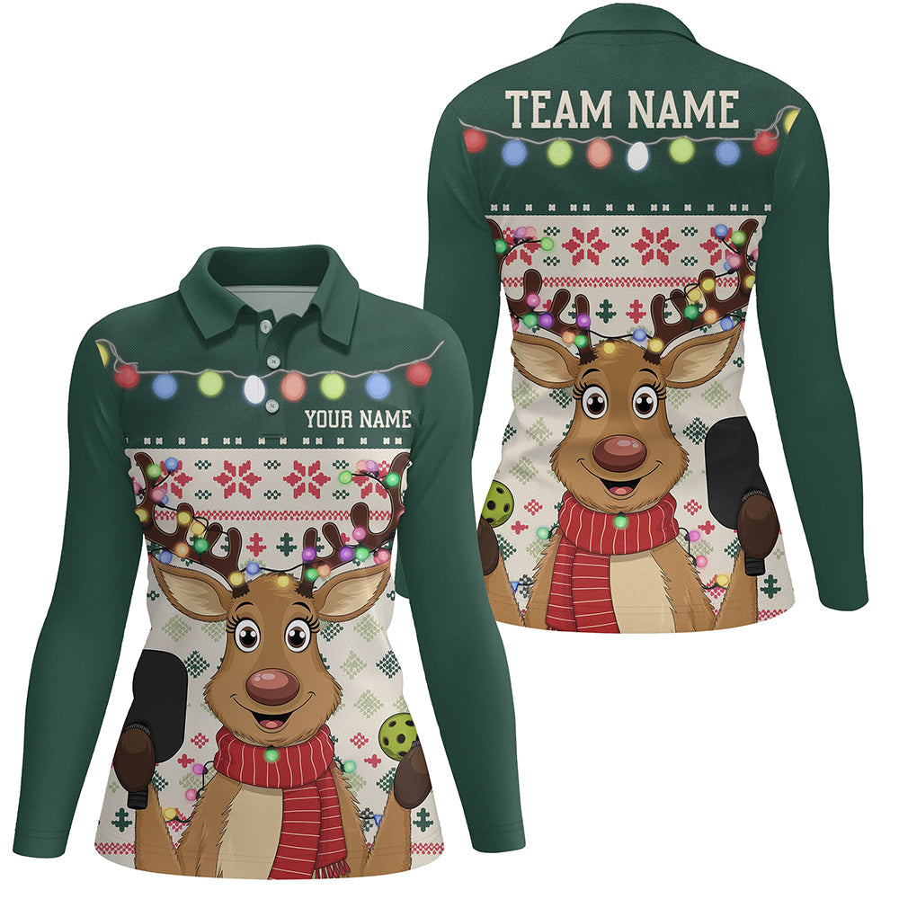 Custom Funny Christmas Reindeer Ladies Pickleball Long Sleeve Polo Shirt, Pickleball Outfit IPHW8088