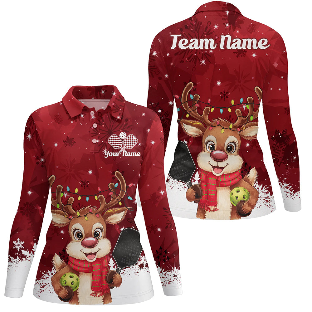 Custom Funny Christmas Reindeer Ladies Pickleball Long Sleeve Polo Shirt, Pickleball Outfit IPHW8095