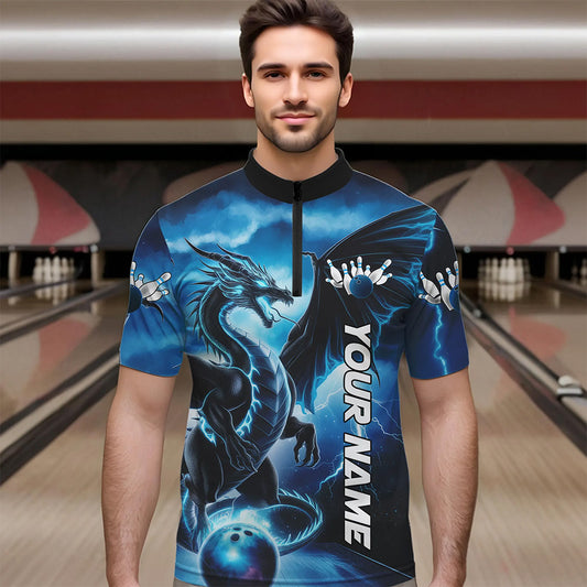 Custom Blue Thunder Lightning Dragon Bowling Quarter-Zip Shirts For Men, Dragon Bowling Uniform IPHW8302