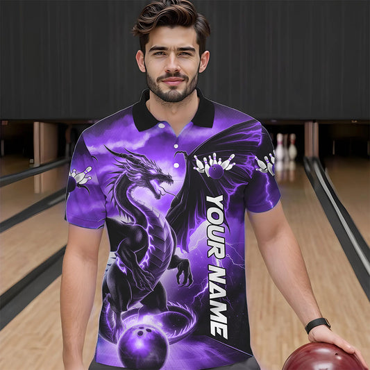 Custom Purple Thunder Lightning Dragon Bowling Polo Shirts For Men, Dragon Bowling Uniform IPHW8305