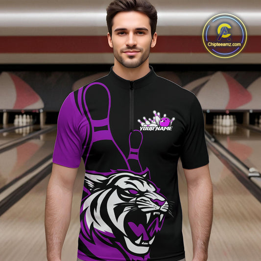 Custom Black And Purple Tiger Bowling Jerseys, Tiger Bowling Team Men Quarter-Zip Shirts IPHW9017
