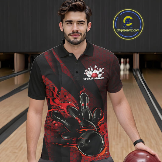 Male model wearing a black and red bowling polo shirt at a bowling lane with fiery bowling action artwork and geometric styling.