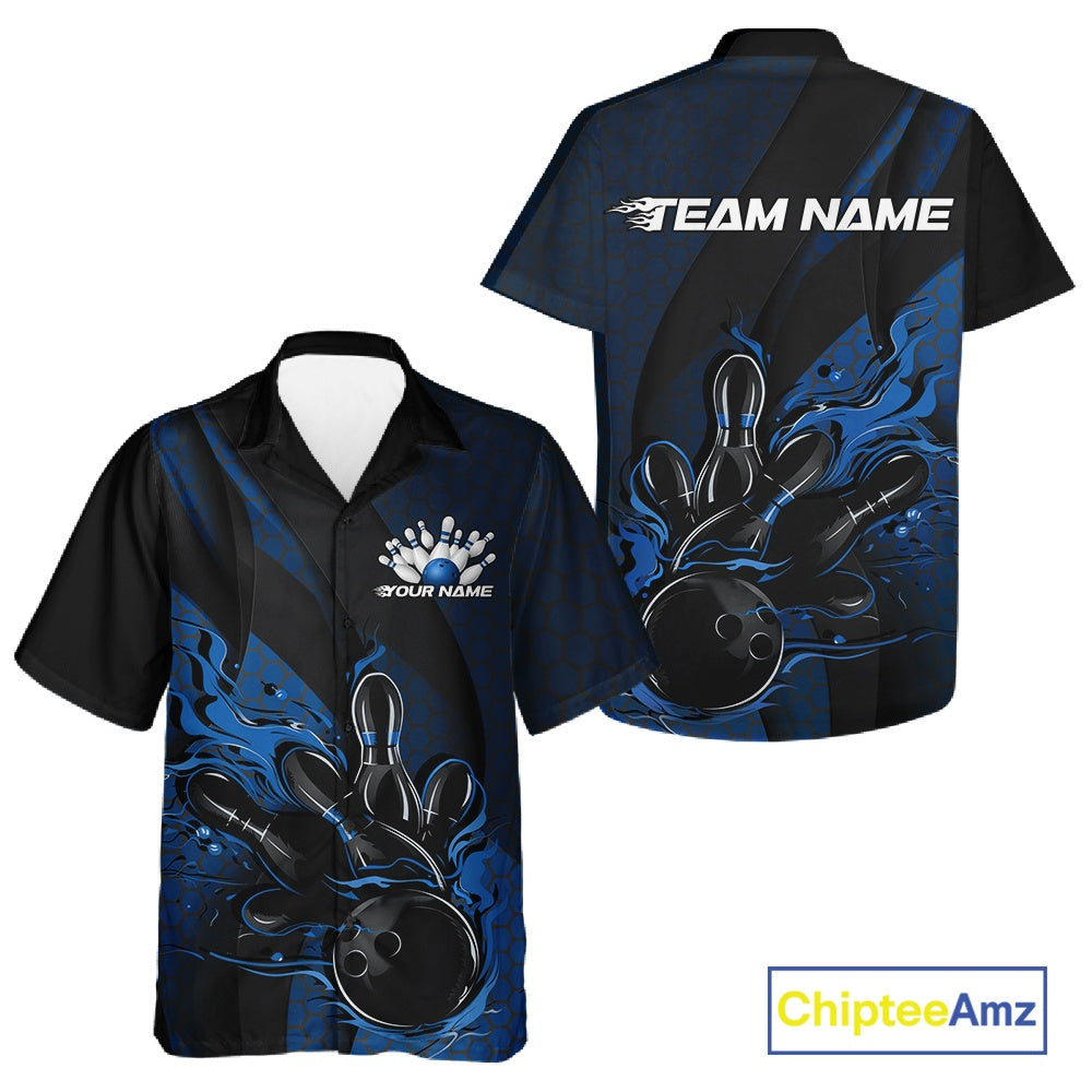 Front and back view of a black and blue button-up bowling shirt showcasing fiery bowling artwork with hexagon motifs and diagonal stripe details.