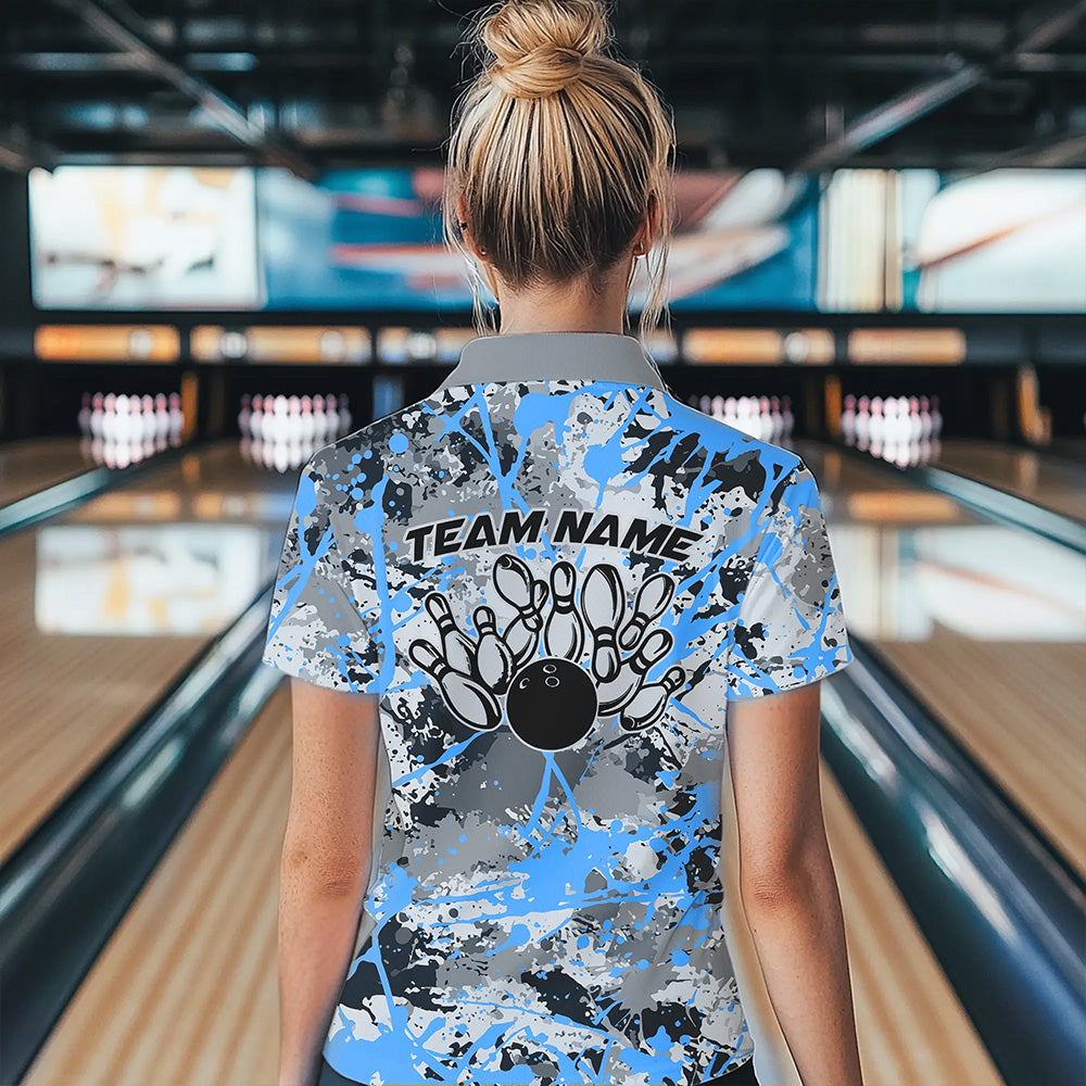 Custom Blue Splatter Bowling Team Quarter-Zip Shirts For Women, Bowling Tournament Shirts IPHW8311
