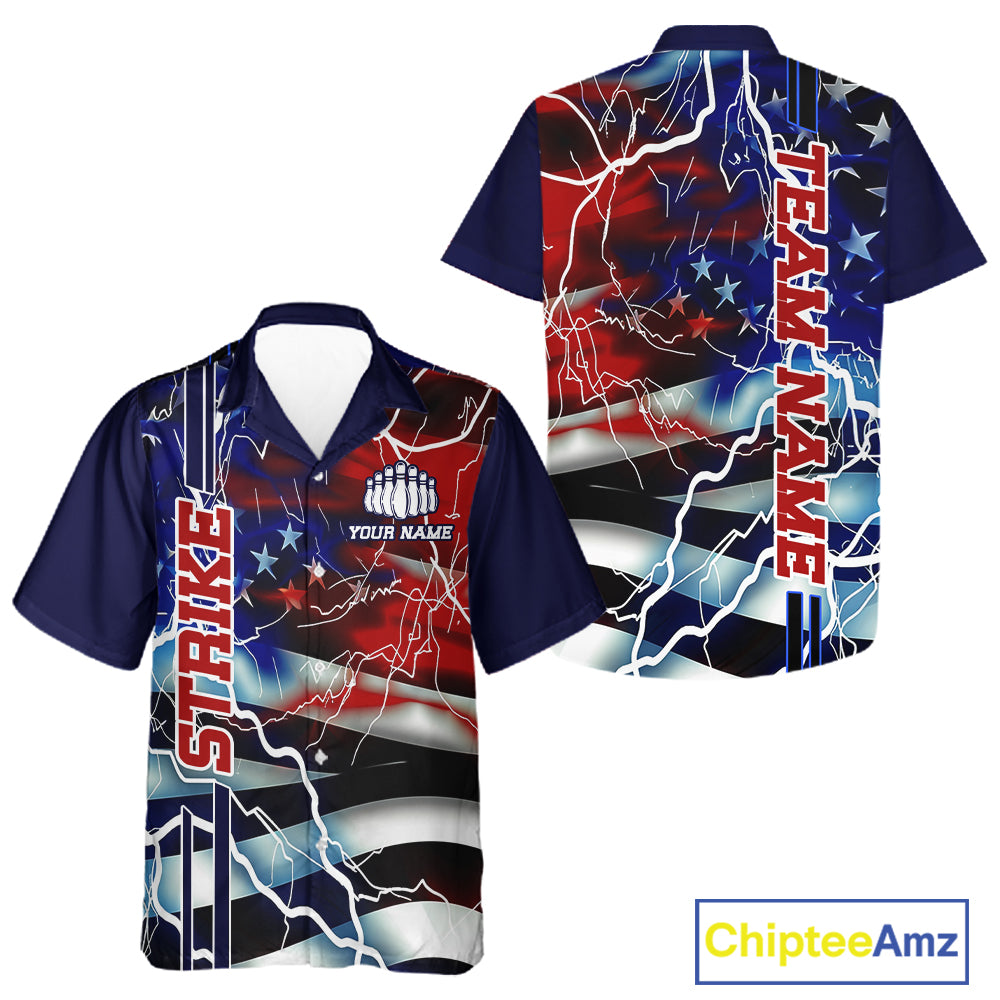 Custom American Flag Lightning Strike Men And Women Button Up Shirt, Patriotic Bowling Jerseys IPHW6020