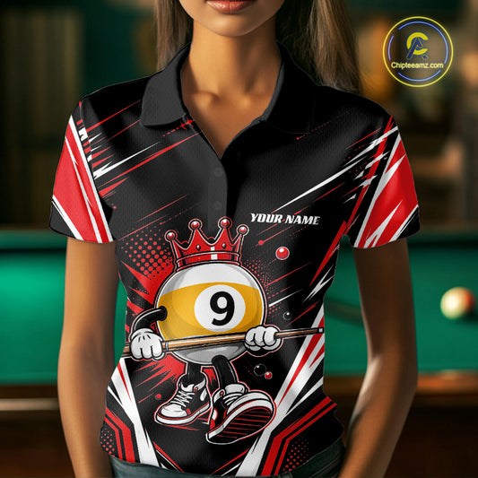 A woman wearing a custom polo shirt with a blacka nd red graphic design featuring a cartoon billiard 9-ball character and the text 'YOUR NAME'.
