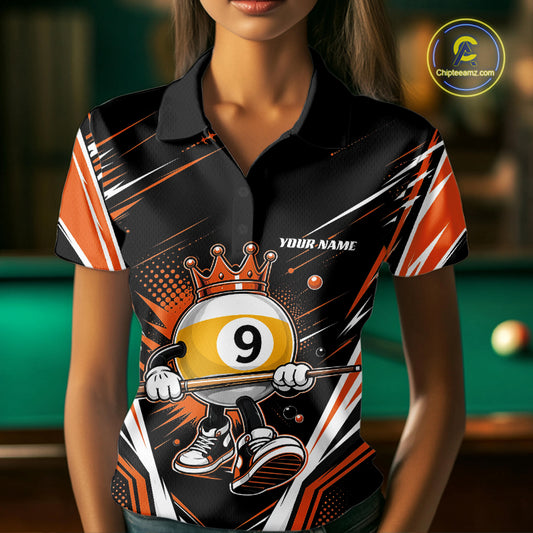 A woman wearing a black and orange billiard polo shirt with crowned 9-ball cartoon character