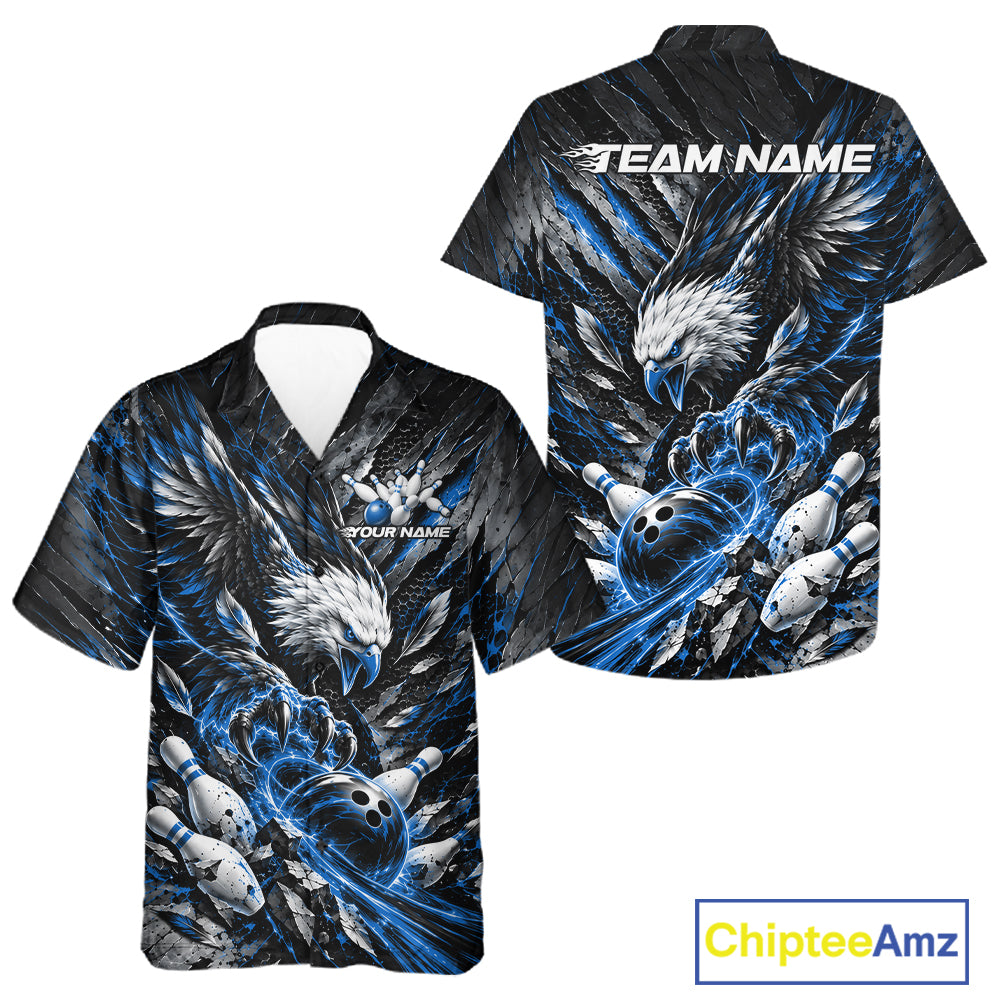 Custom Blue Eagle Bowling Button Up Shirt For Men And Women, Bowling Team Jersey Bowlers Outfit IPHW12421