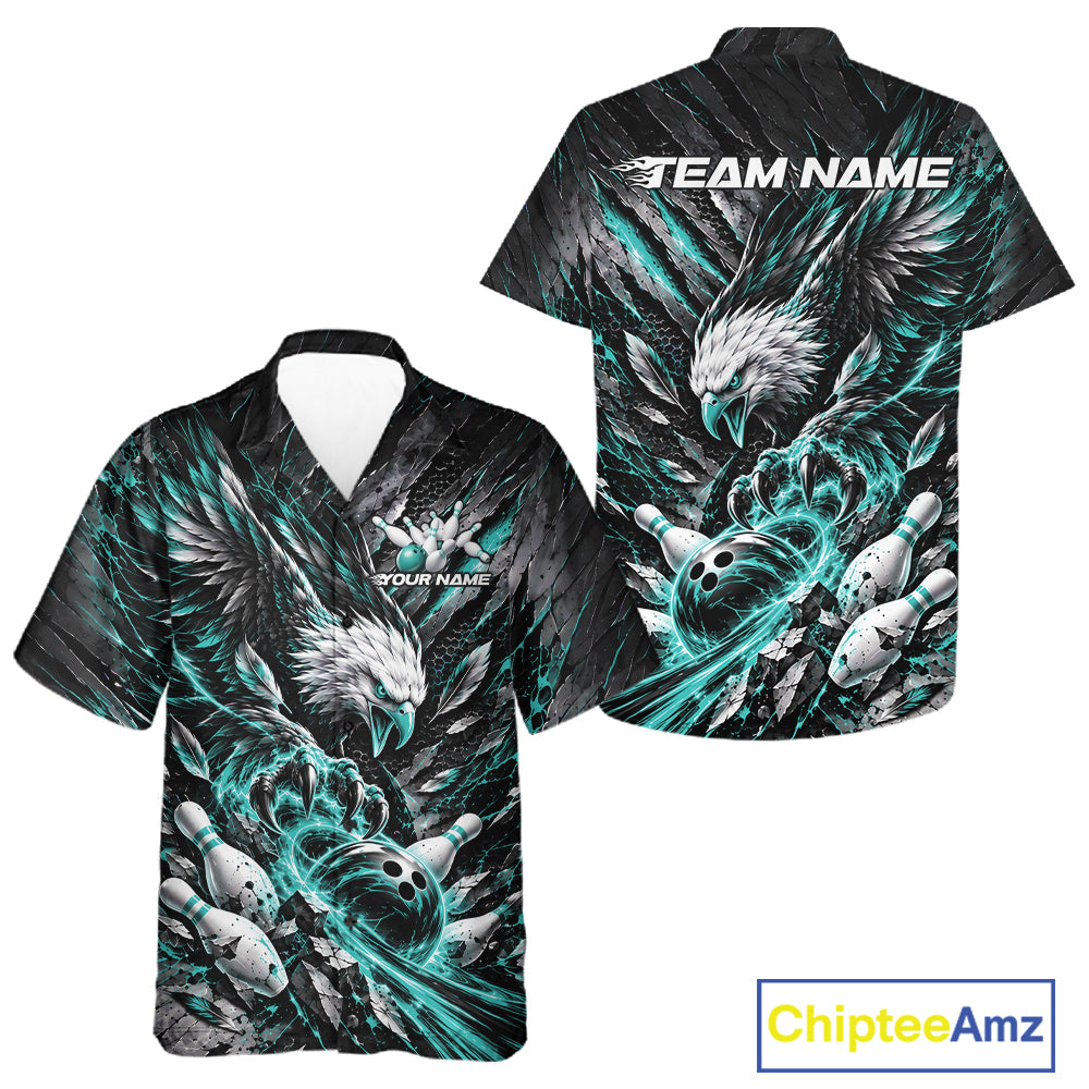 Custom Turquoise Eagle Bowling Button Up Shirt For Men And Women, Bowling Team Jersey Bowlers Outfit IPHW12422