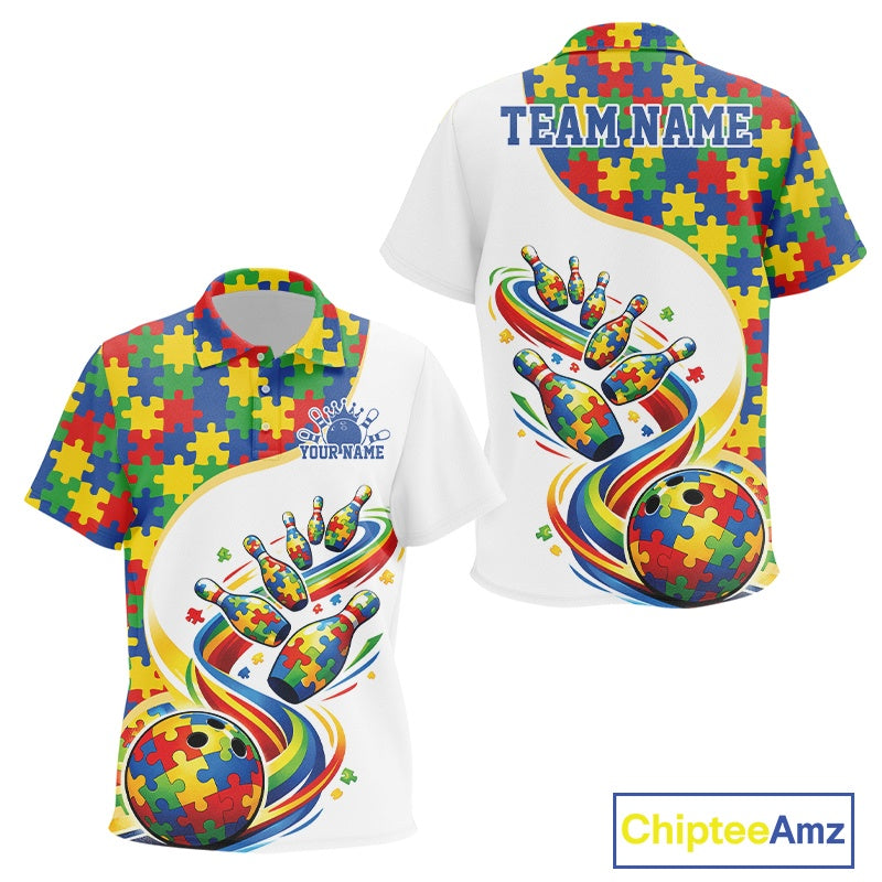 Kid polo shirt mockup front and back showing autism-themed bowling strike artwork with bright puzzle-inspired details on white shirt