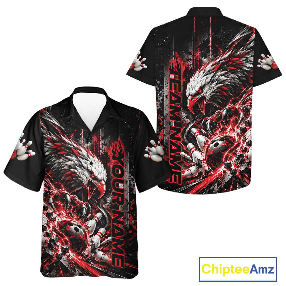Custom Red Grunge Eagle Bowling Men And Women Button Up Shirt, Team League Shirt Bowlers Outfit IPHW12430