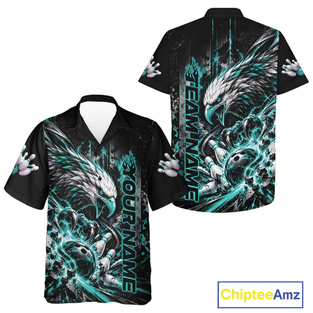 Custom Teal Blue Grunge Eagle Bowling Men And Women Button Up Shirt, Team League Shirt Bowlers Outfit IPHW12431