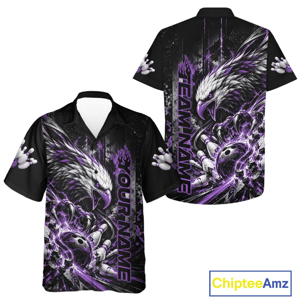 Custom Purple Grunge Eagle Bowling Men And Women Button Up Shirt, Team League Shirt Bowlers Outfit IPHW12432