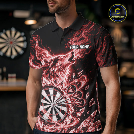 Custom Red Flame Wolf Dart Team Men Polo Shirt, Crystal Ice Dartboard Shirt IPHW12459