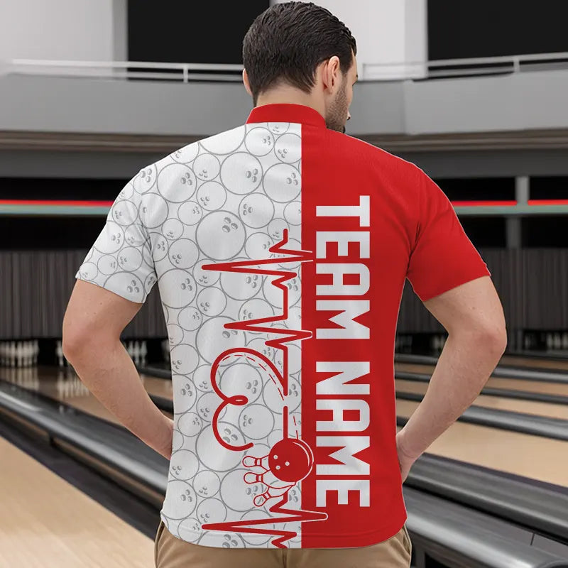 White And Red Custom Love Bowling Quarter-Zip Shirts For Men, Valentines Couple Bowling Jerseys IPHW8324