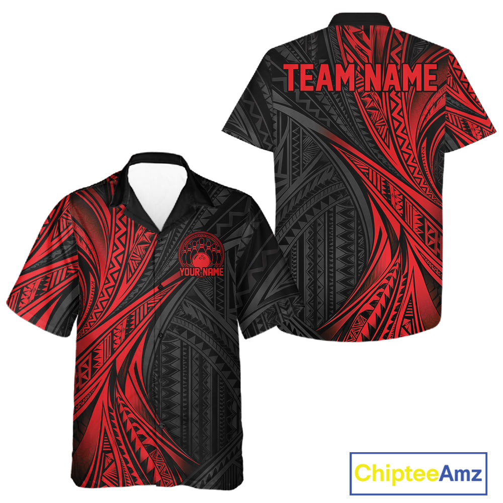 Custom Black And Red Tribal Pattern Bowling Team Men And Women Button Up Shirt, Bowling League Shirt IPHW12475