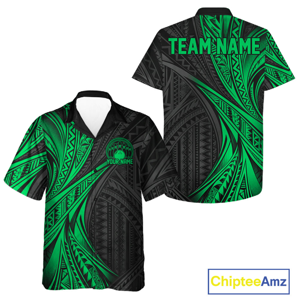 Custom Black And Green Tribal Pattern Bowling Team Men And Women Button Up Shirt, Bowling League Shirt IPHW12479