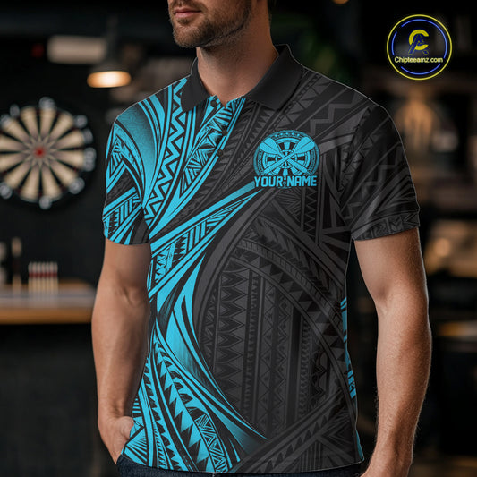 Custom Turquoise Tribal Pattern Dart Team Men Polo Shirt, Dart League Shirt IPHW12481